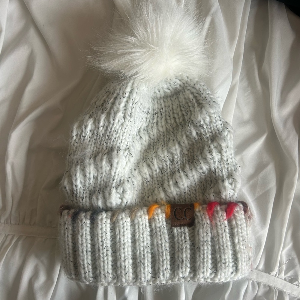 CC White Knit Beanie with Colorful Trim